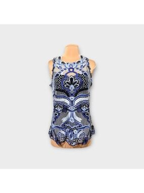 Kobi Halperin Ria Crochet Embroidered Lace Blouse M Blue Black Top Tank